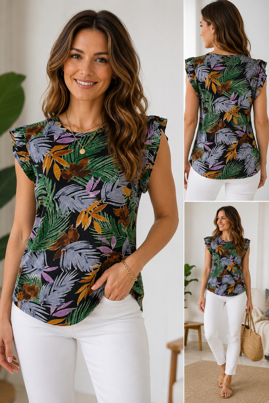 Tropical Floral Modal Top Coastal Resort Boho Flutter Sleeve NWT